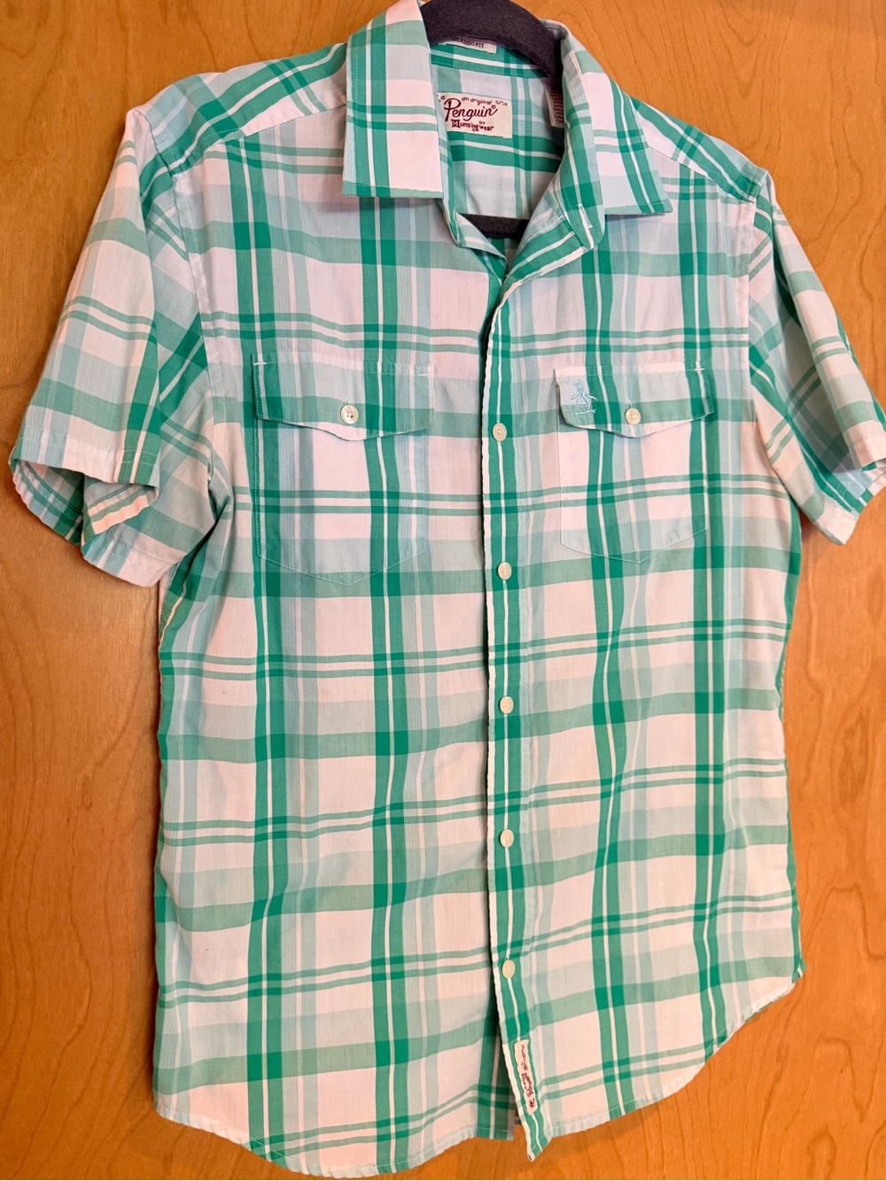 Original Penguin Green and White Plaid Short-Sleeve Button-Up Shirt